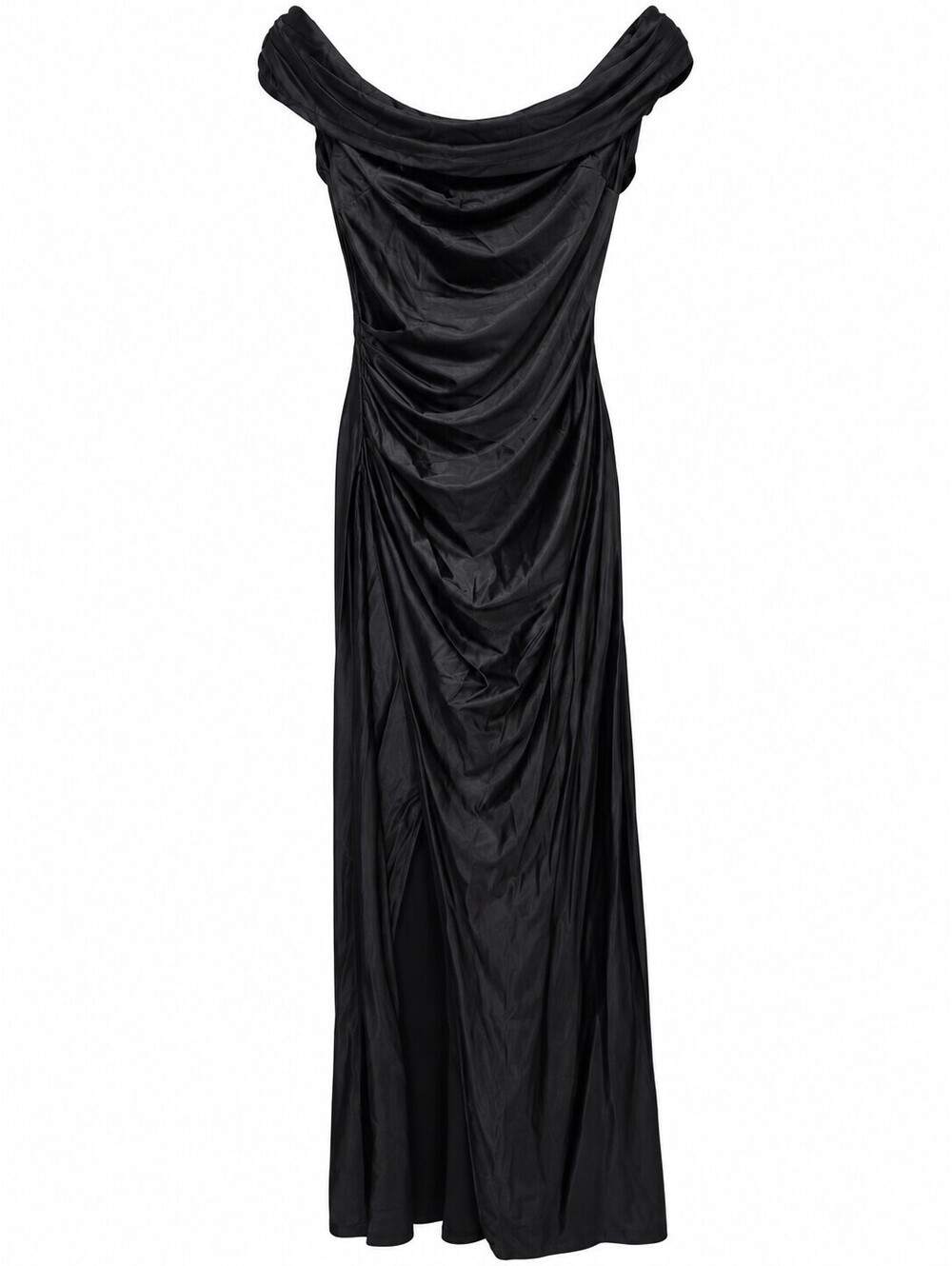 Elegant Black Off-Shoulder Evening Dress with Draped Front